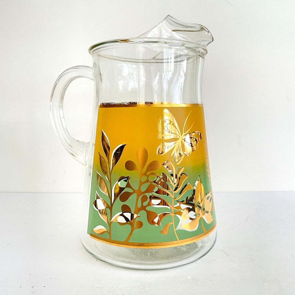Vintage Fred Press Mid Century Butterfly‎ Glass Pitcher Gold Foil yellow green